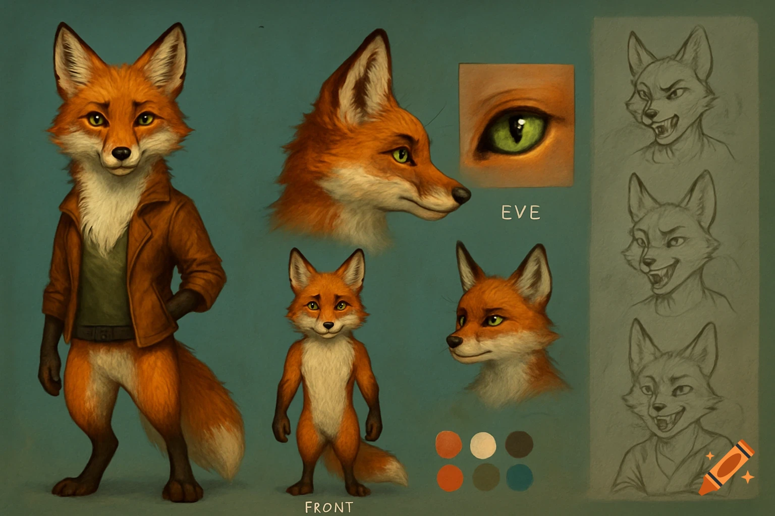 Character reference sheet for an anthropomorphic red fox in an orange jacket, showing multiple views, eye detail, and expression sketches.