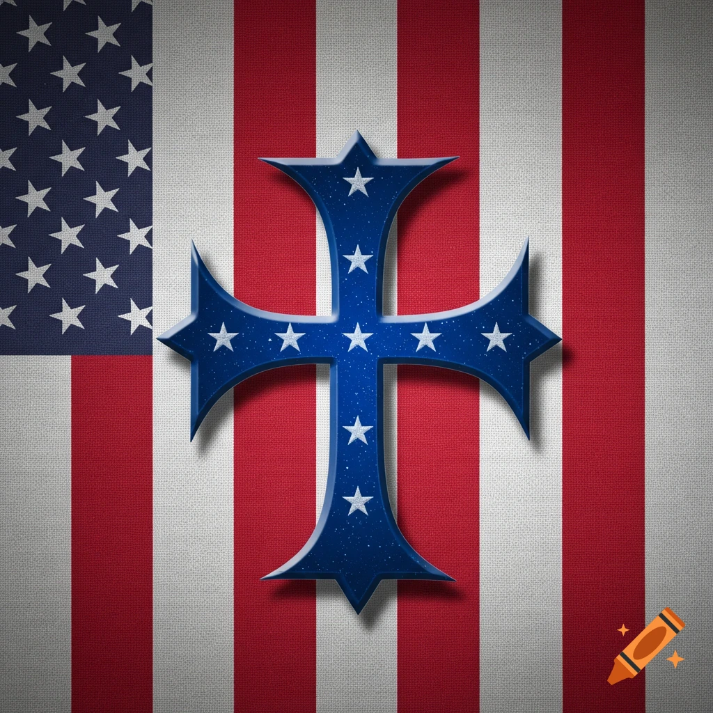 A blue, star-studded, stylized cross on a textured American flag background with red and white stripes.