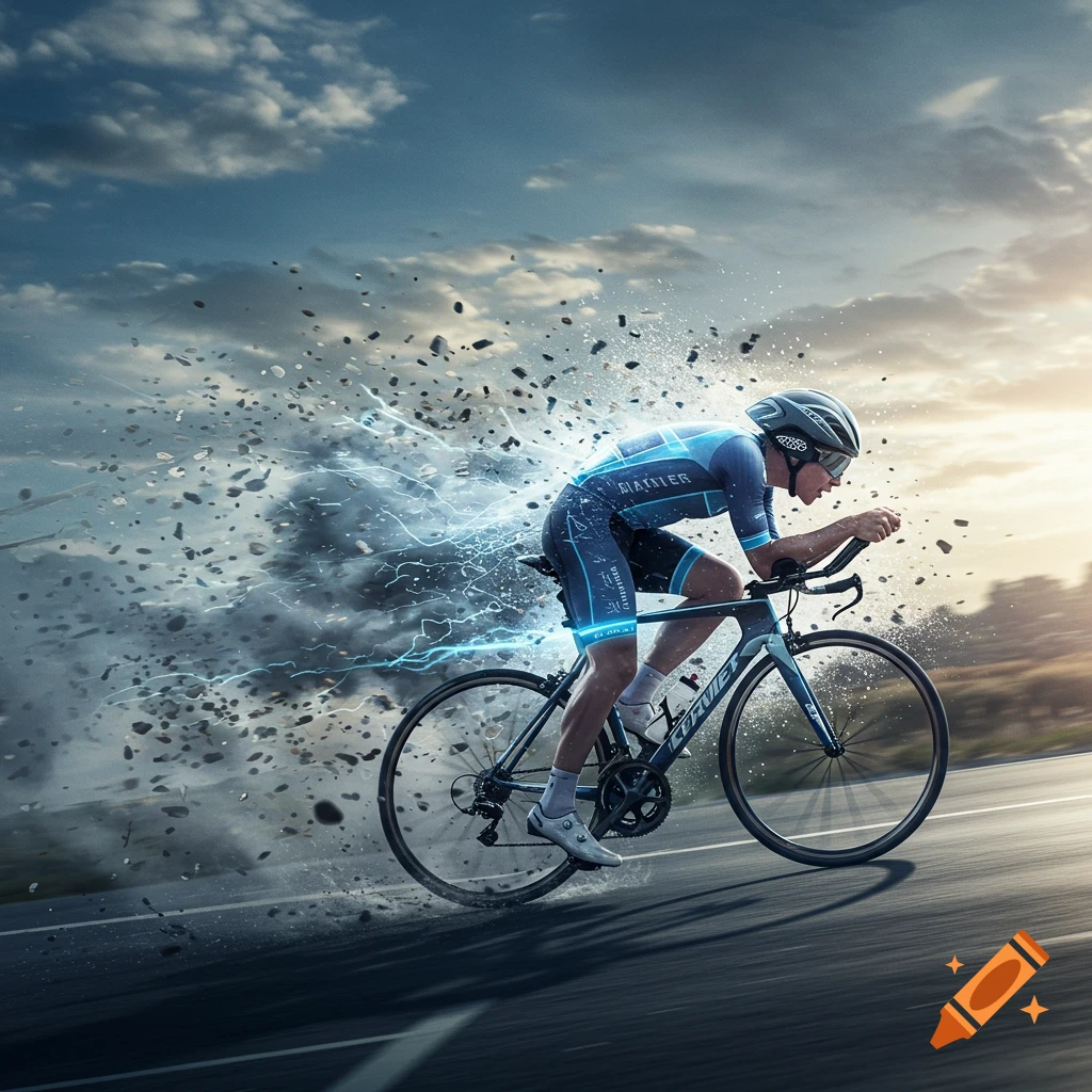 A cyclist in a blue suit and helmet rides a bike at high speed, surrounded by flying debris and blue lightning-like energy streaks, against a dramatic sky.