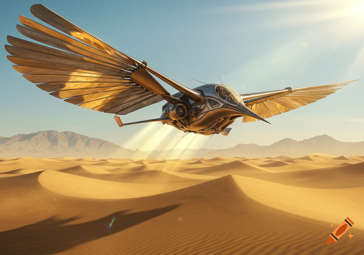 A sleek, metallic ornithopter with golden wings soars over sun-drenched sand dunes and mountains under a clear sky.