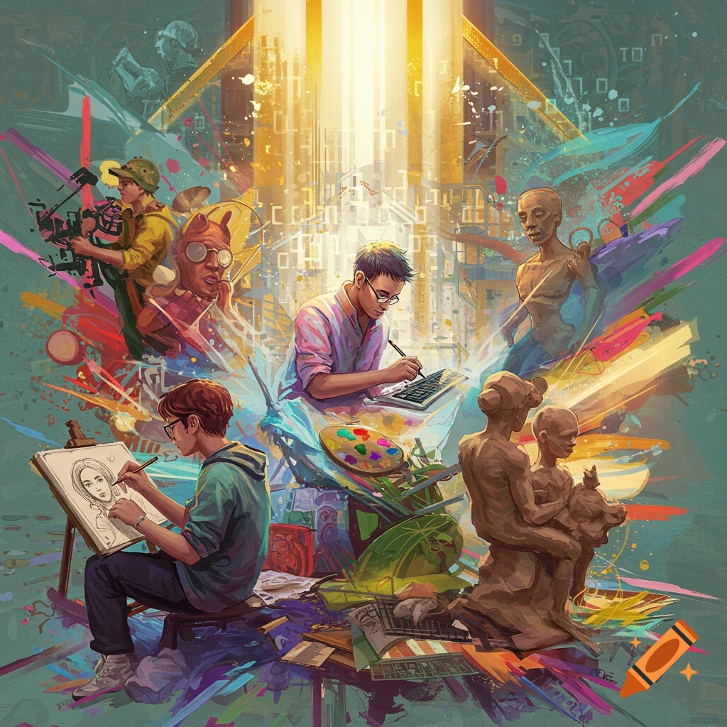 A vibrant illustration showing multiple artists creating diverse art forms: drawing, digital art, sculpture, and photography, bathed in a central golden light.