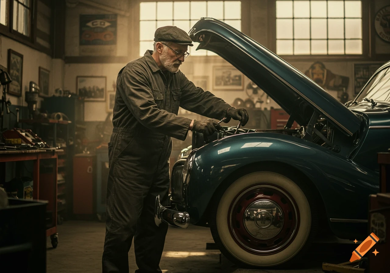 Older man in overalls and cap working on a teal vintage car's engine in a dimly lit garage, photorealistic style.