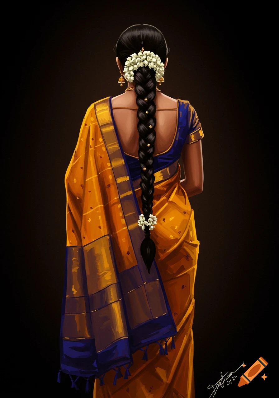 Digital painting of an Indian woman from the back, wearing a yellow saree with blue accents, her long black braid adorned with white flowers.