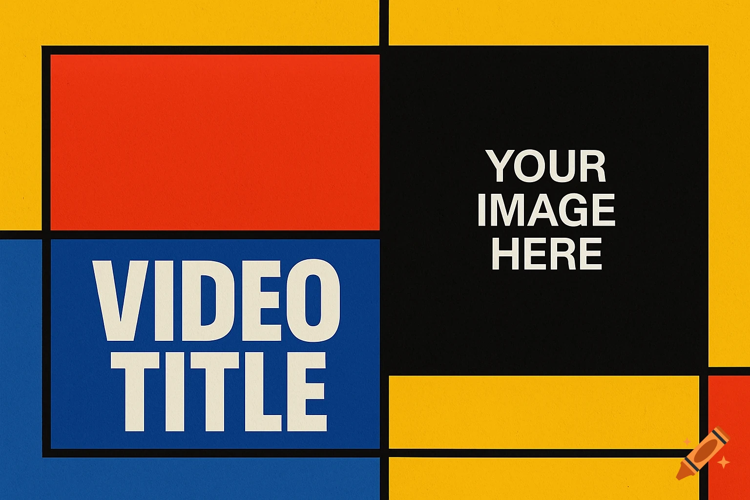 Brutalist YouTube thumbnail template with geometric red, yellow, blue, and black blocks, featuring 'VIDEO TITLE' and 'YOUR IMAGE HERE'.