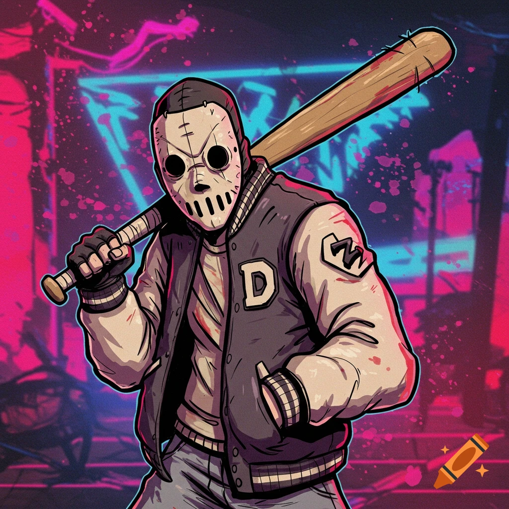 Cartoon illustration of a character wearing a hockey mask and varsity jacket, holding a baseball bat, with a neon city background.