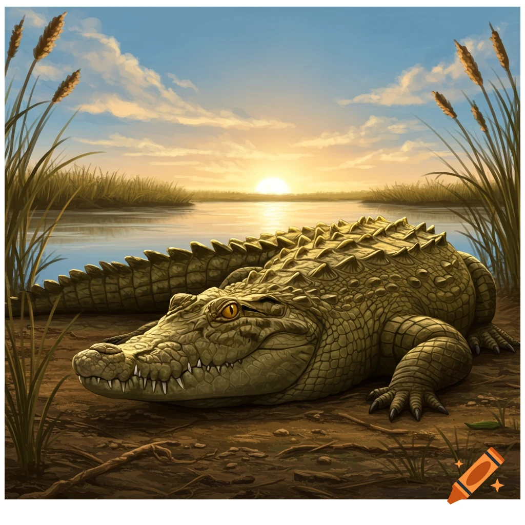 A detailed illustration of a crocodile resting on a muddy bank by a river with reeds at sunset.