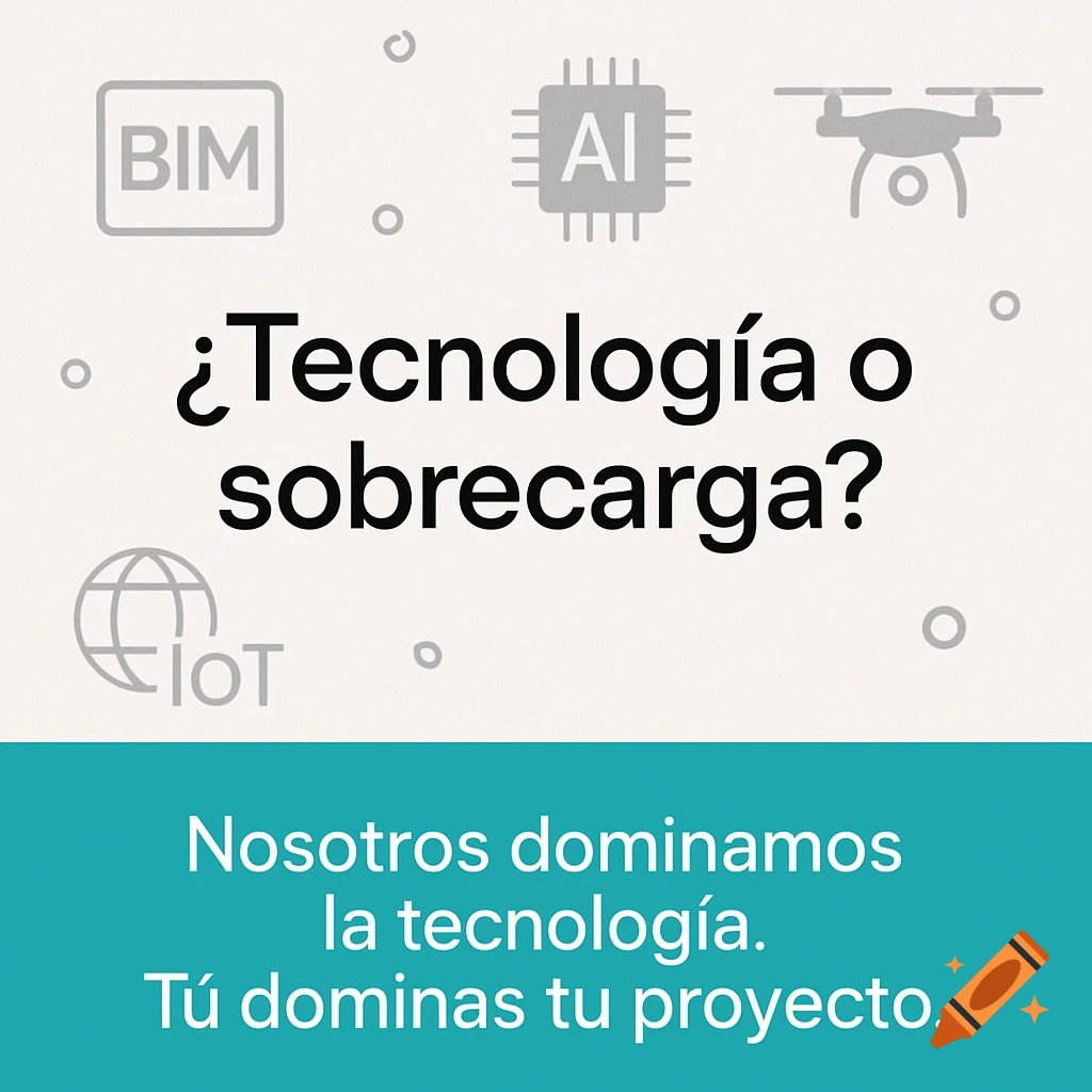 Professional graphic with tech icons (BIM, AI, drone, IoT) and Spanish text on technology.
