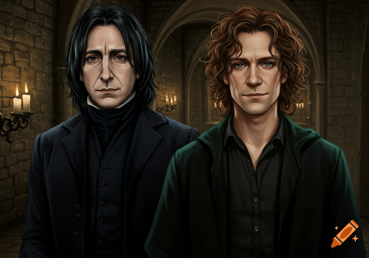 Two men, one with straight black hair and a black outfit, the other with curly brown hair and a dark green jacket, stand in a dimly lit stone hallway with candles.
