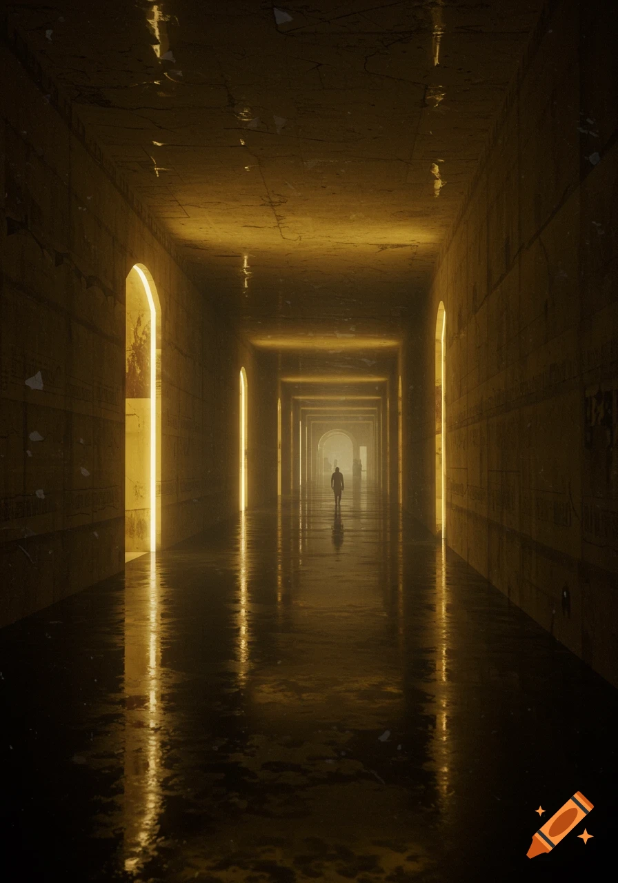 A lone person walks down a long, dark, golden-lit, wet corridor with arched openings on the sides, stretching into the distance.