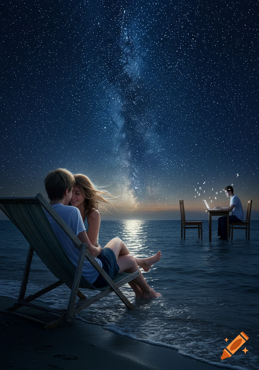 A couple embraces on a beach chair under a starry Milky Way, while a person works on a laptop in the distant ocean. Photorealistic.