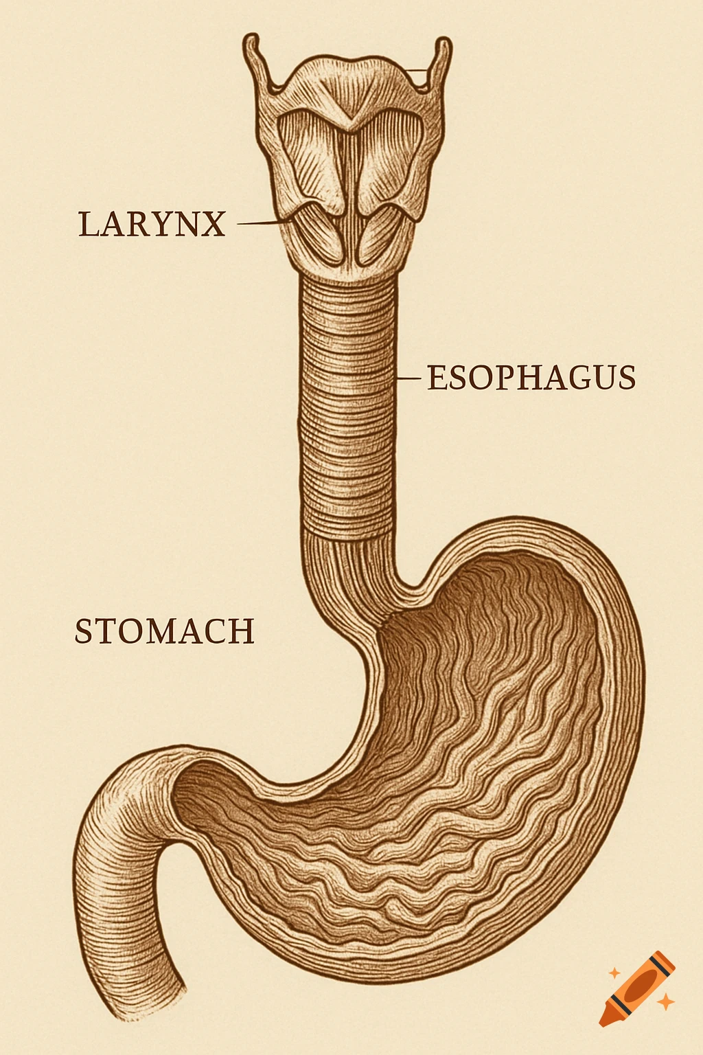 Vintage anatomical diagram of the human larynx, esophagus, and stomach with labels.