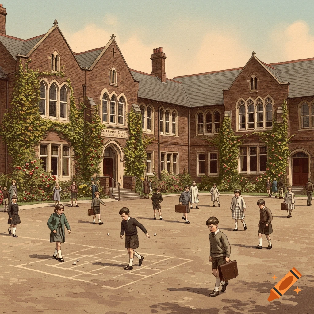 Vintage illustration of children playing in the courtyard of a large brick school building with ivy.