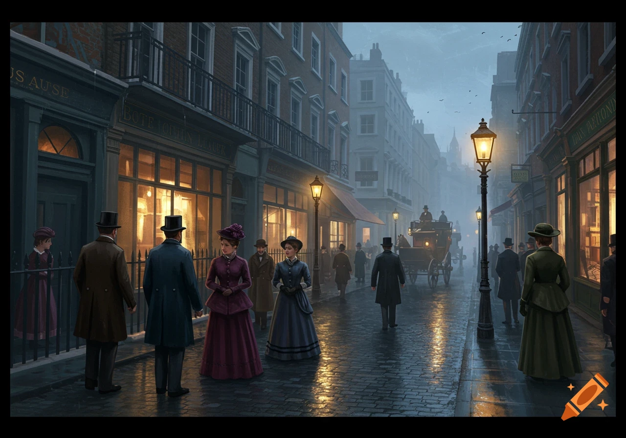 A moody, wet Victorian London street scene with people in period attire, gas lamps reflecting on the cobblestones, and a horse-drawn carriage in the distance.