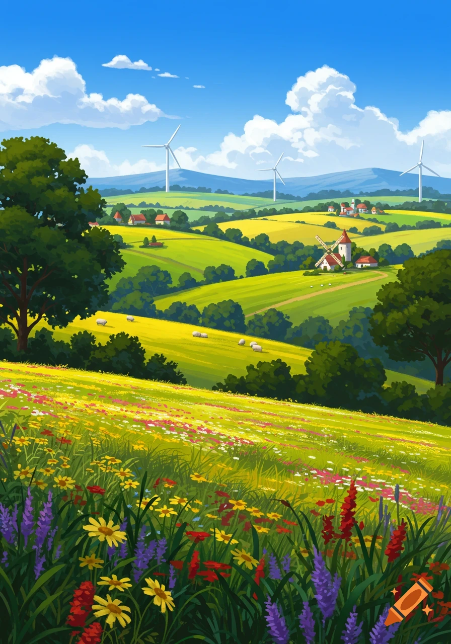 Vibrant illustrated summer landscape with rolling green hills, blooming wildflowers, trees, a village, a windmill, sheep, and wind turbines.
