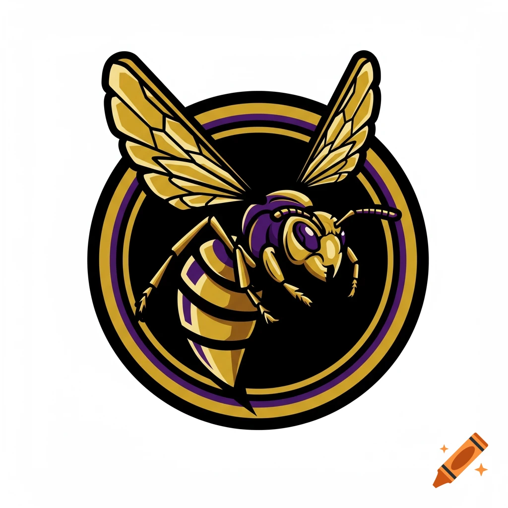A cartoon hornet mascot with gold and purple stripes and wings, centered within a black and gold circular emblem.