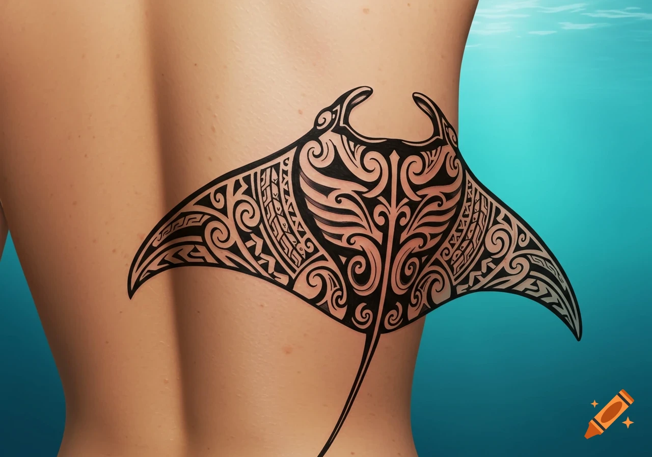 A Maori-style manta ray tattoo on a person's back against a blue underwater background.