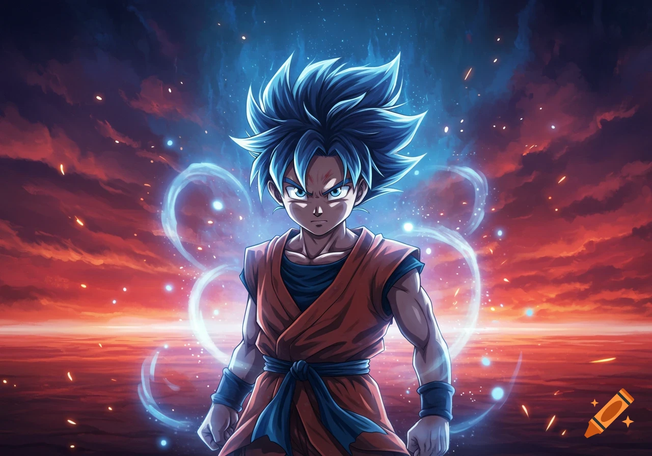 Anime character resembling Goku with spiky blue hair and a glowing blue aura, standing against a vibrant red and blue sky.