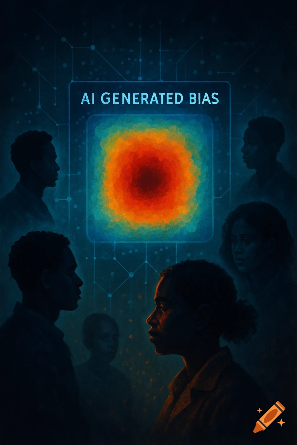 Silhouettes of diverse people surrounding a glowing heatmap labeled 'AI GENERATED BIAS' on a dark, networked background.