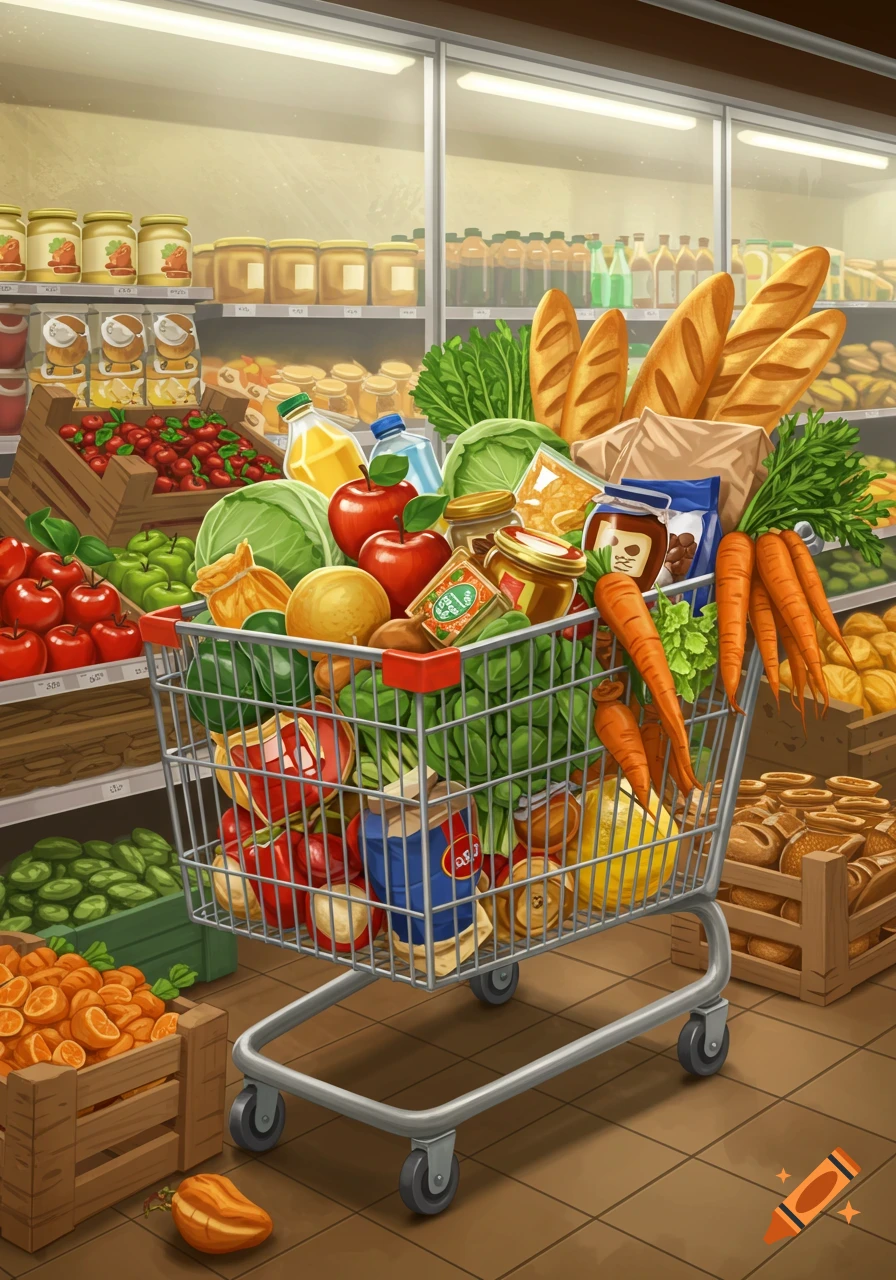 An overflowing grocery cart filled with fresh produce, bread, canned goods, and other items in a brightly lit supermarket aisle, illustrated in a cheerful, detailed style.