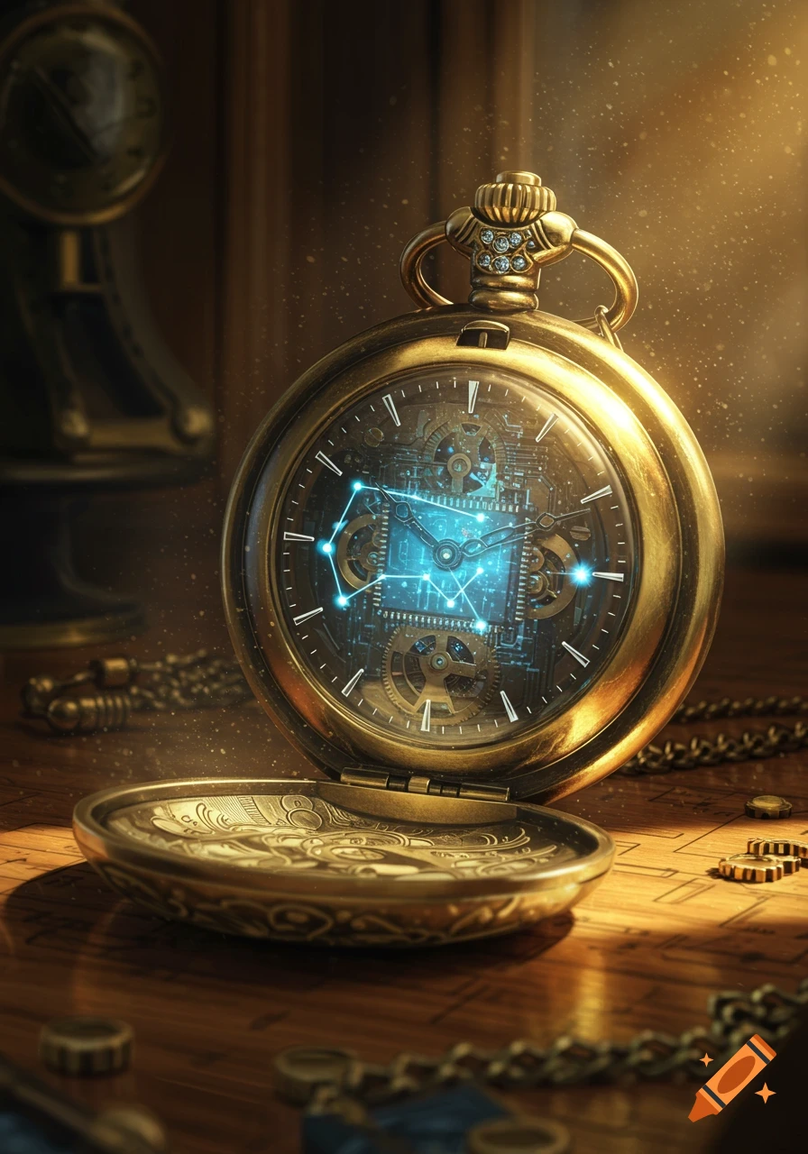 An ornate, open golden pocket watch with glowing blue circuitry and gears, illuminated by a warm, sparkling light on a wooden table.