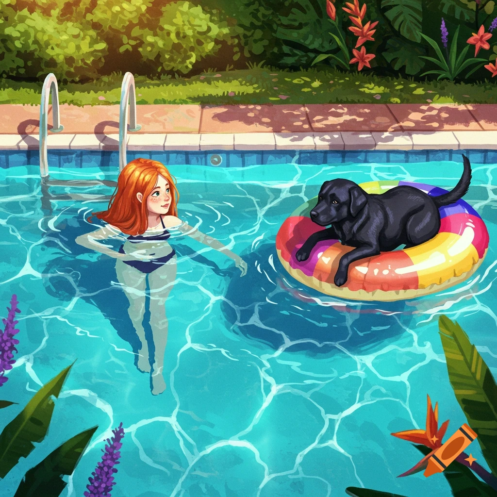 Illustrated red-headed girl swimming in a pool next to a black labrador dog lounging on a rainbow floatie.