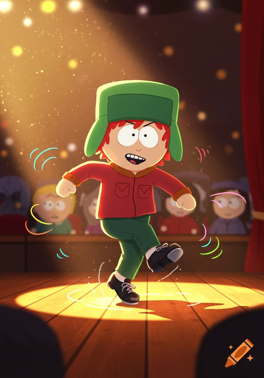Kyle from South Park tap dancing on a spotlighted wooden stage, with a blurry audience in the background.