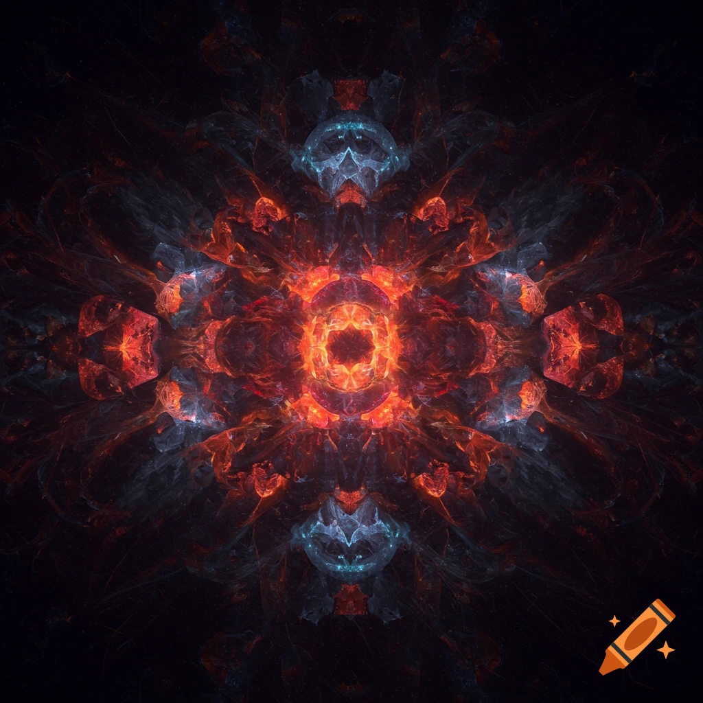 Vibrant symmetrical abstract fractal pattern with glowing red-orange and blue energy forms on a dark background.