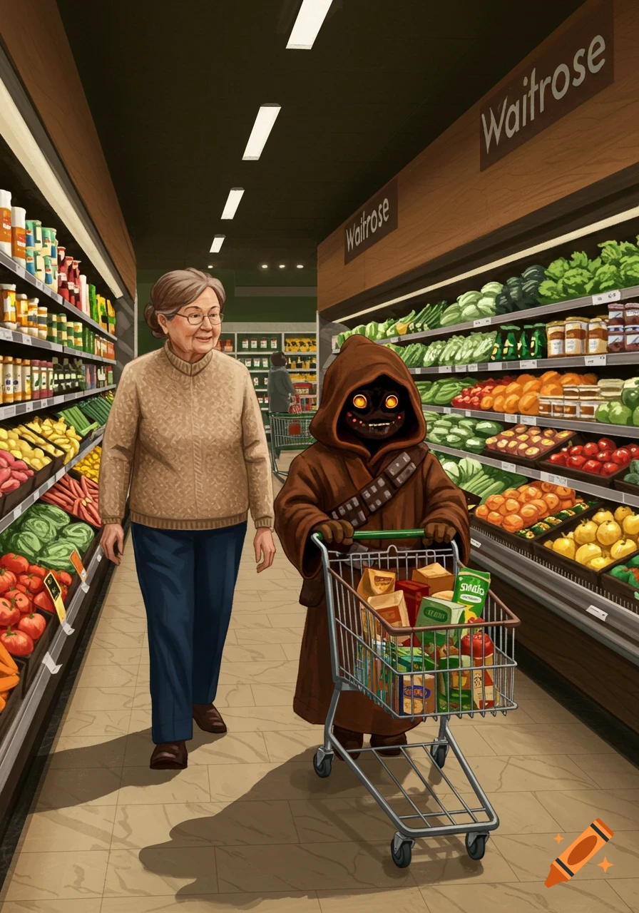 An elderly woman smiles while walking past a Jawa pushing a shopping cart filled with groceries in a Waitrose supermarket aisle filled with produce.