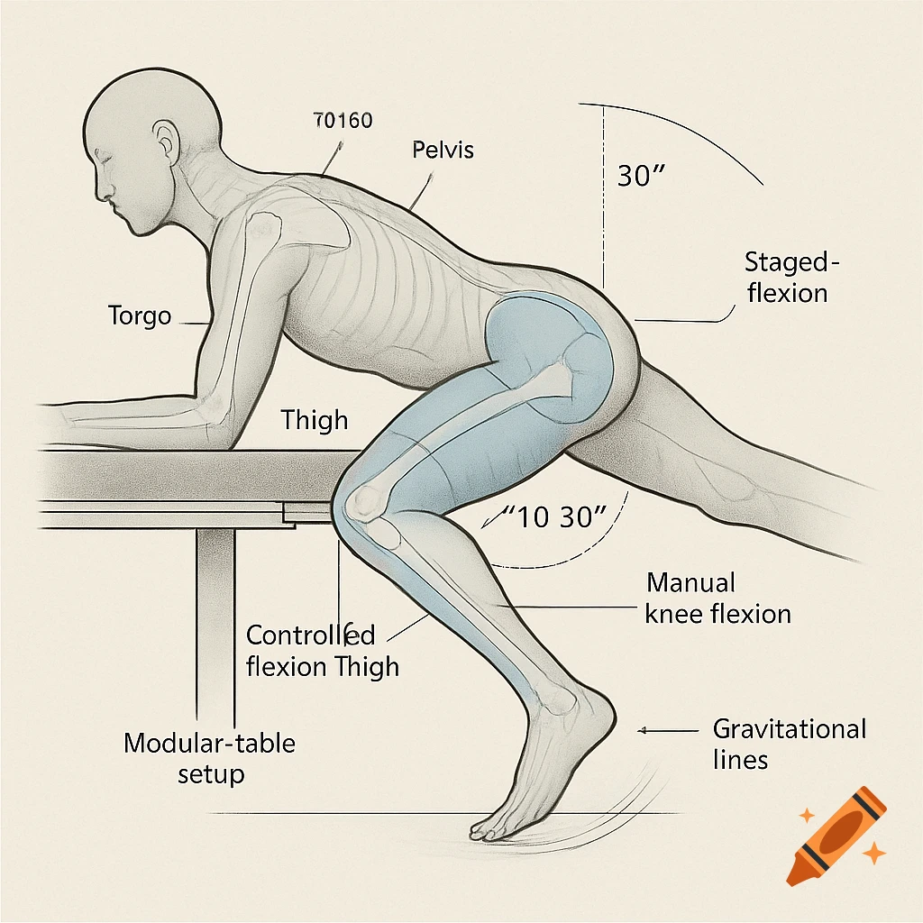 Detailed medical diagram showing a person in a prone position on a modular table with various body parts, angles, and procedures labeled.