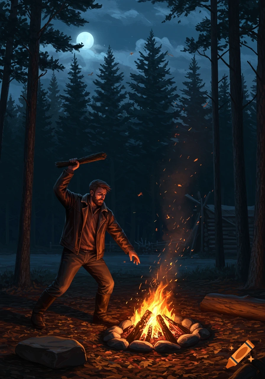 A man in a brown jacket throws a log onto a roaring campfire in a dark forest under a full moon, illustrative style.
