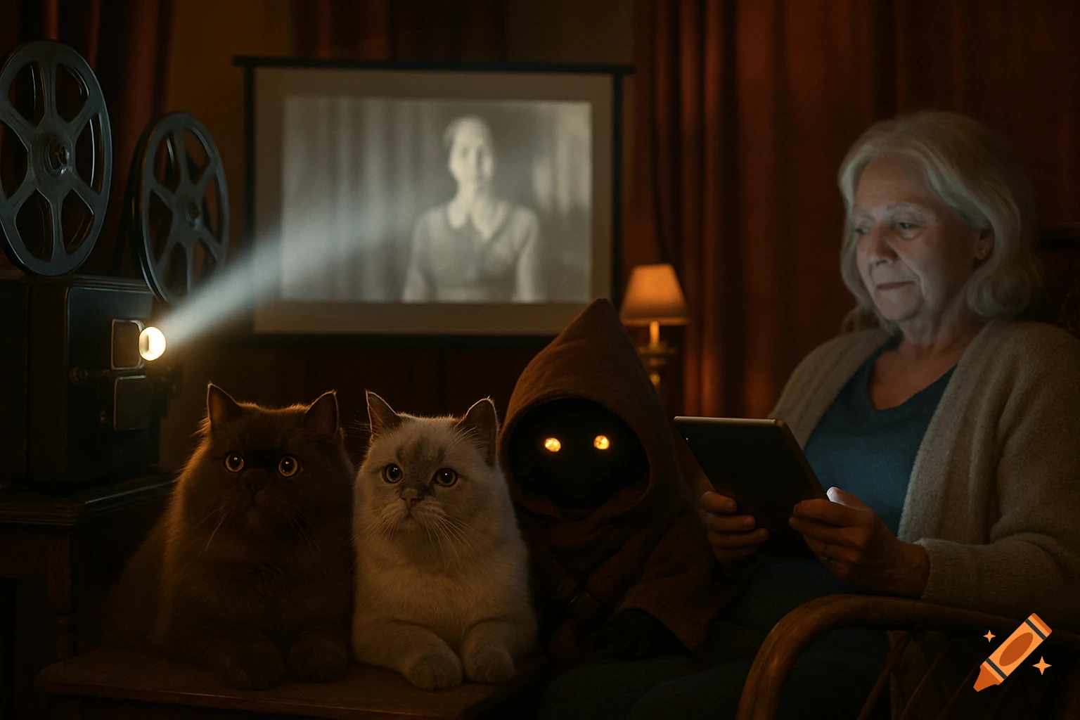 An elderly woman on an iPad, two cats, and a Jawa-like figure watching a film projected in a dimly lit room.