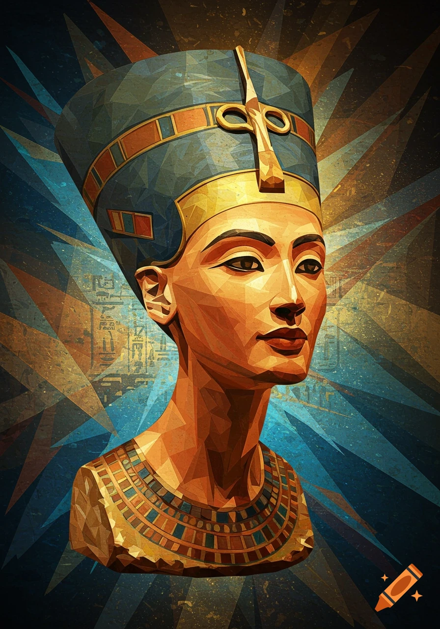 Cubist artwork depicting a bust of Nefertiti with a tall blue and gold headdress, against a geometric gold and blue background.
