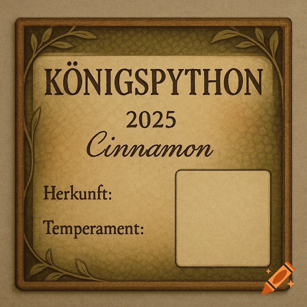 A vintage-style label for a ball python terrarium: "KÖNIGSPYTHON", "2025", "Cinnamon", "Herkunft:", "Temperament:", and a photo space.