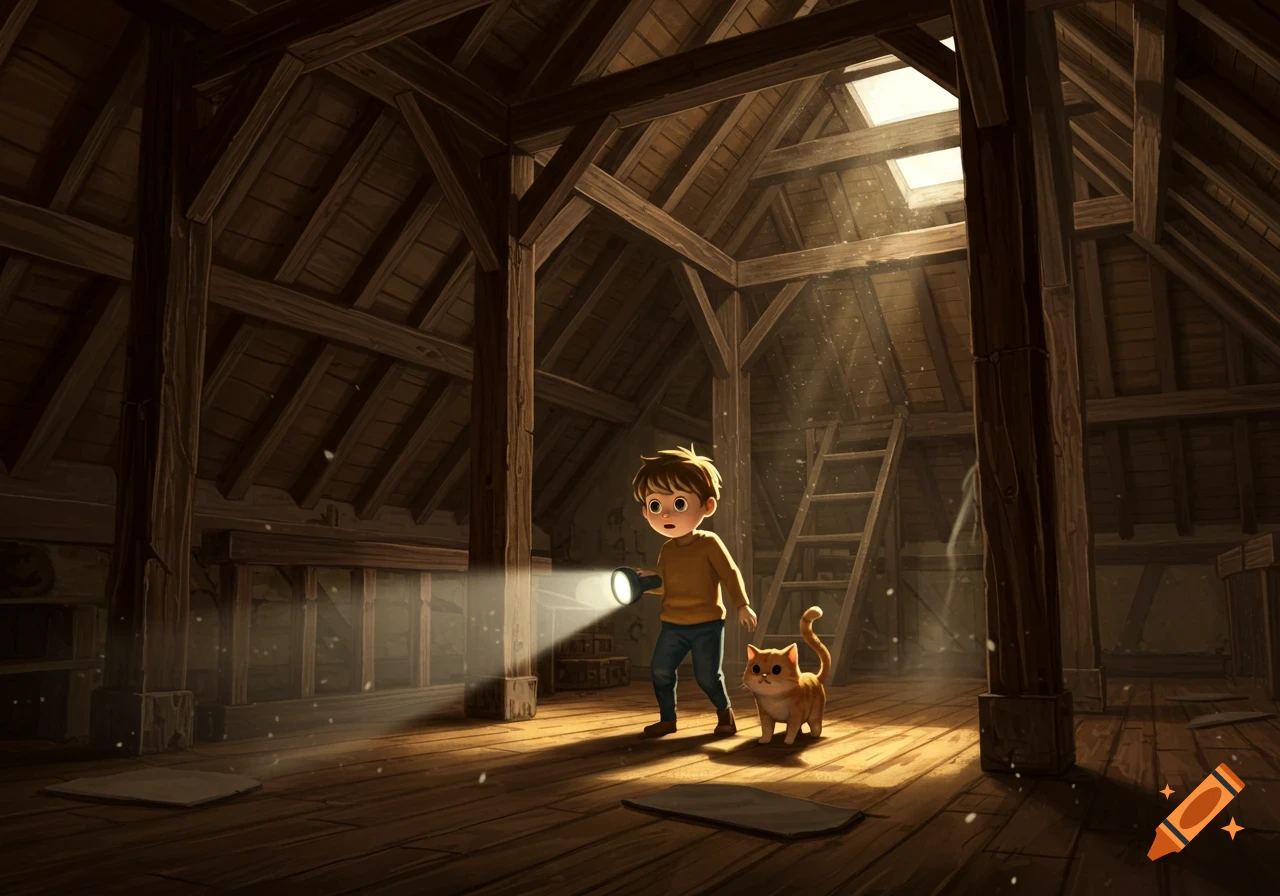 A young boy with a flashlight and his orange tabby cat exploring a dusty, wooden attic with sunlight streaming through a skylight.