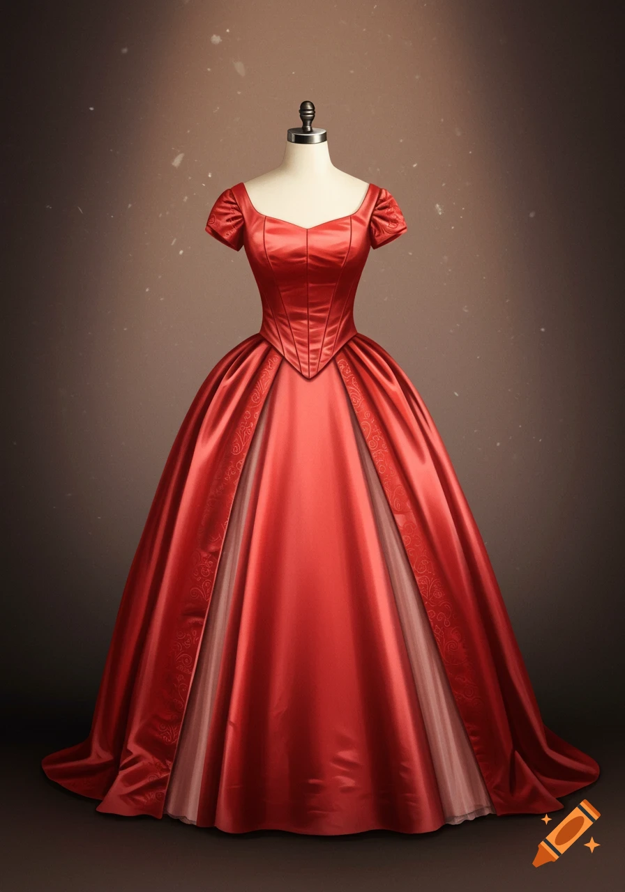 Illustration of a 19th-century red satin ball gown on a mannequin, with a fitted bodice and full skirt featuring subtle patterns, in soft light.