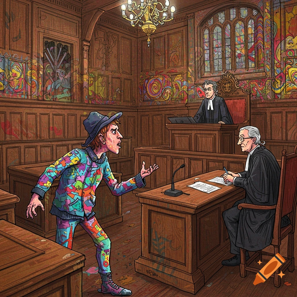 A person in a colorful graffiti outfit argues with a judge in a psychedelic, graffiti-covered British courtroom.