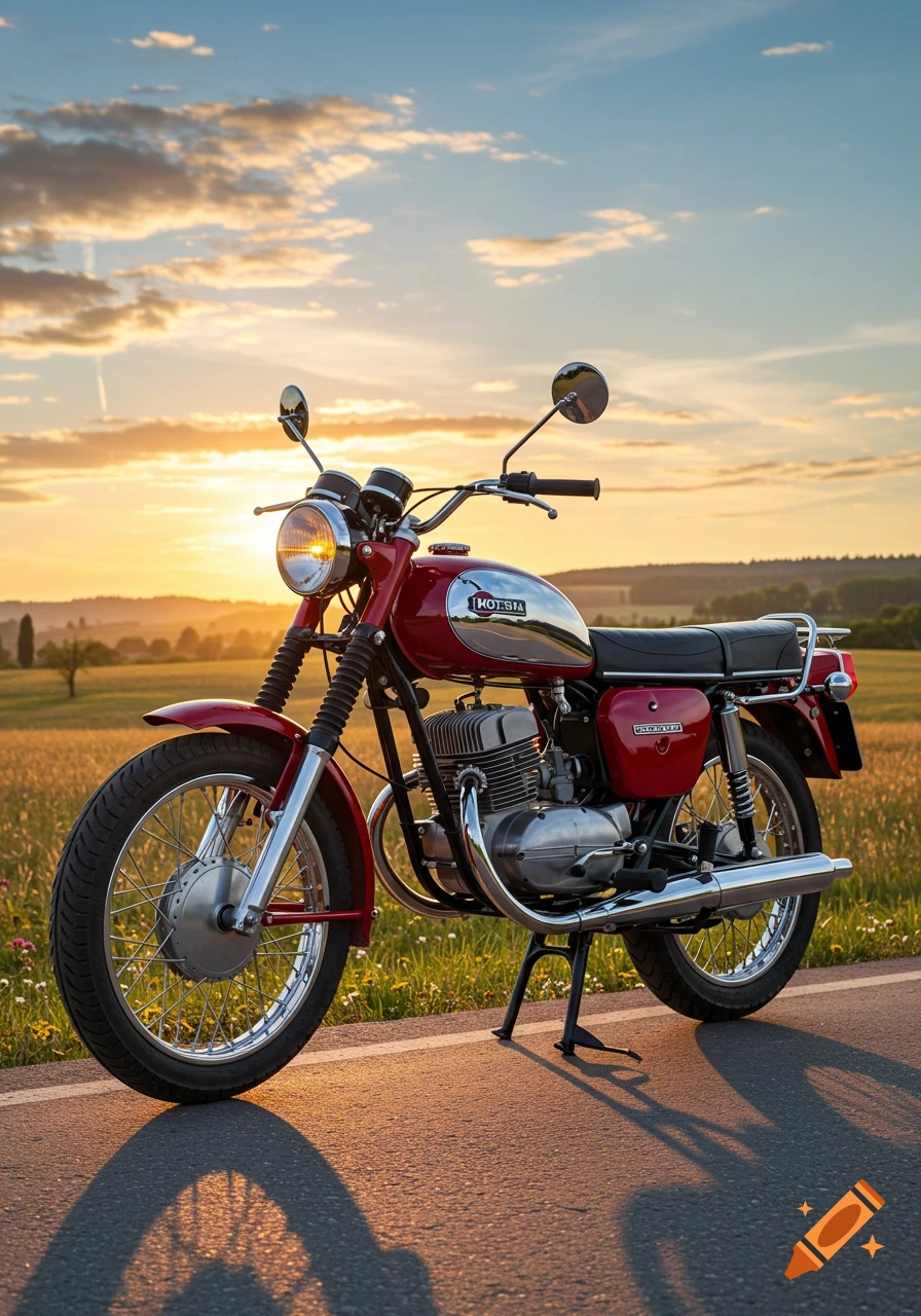 A red vintage Jawa 250 motorcycle parked on an asphalt road with a field of wheat and a sunset in the background.