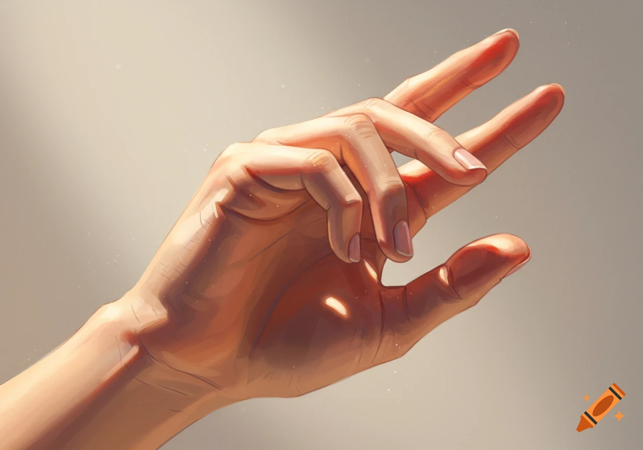 Detailed illustration of a human hand with fingers splayed, bathed in warm, soft light against a neutral background.