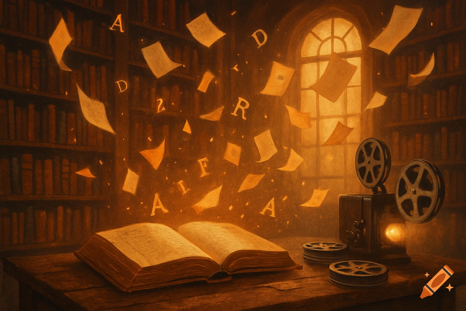 An open book and vintage film projector on a table in a dimly lit library, with glowing papers and letters floating above.
