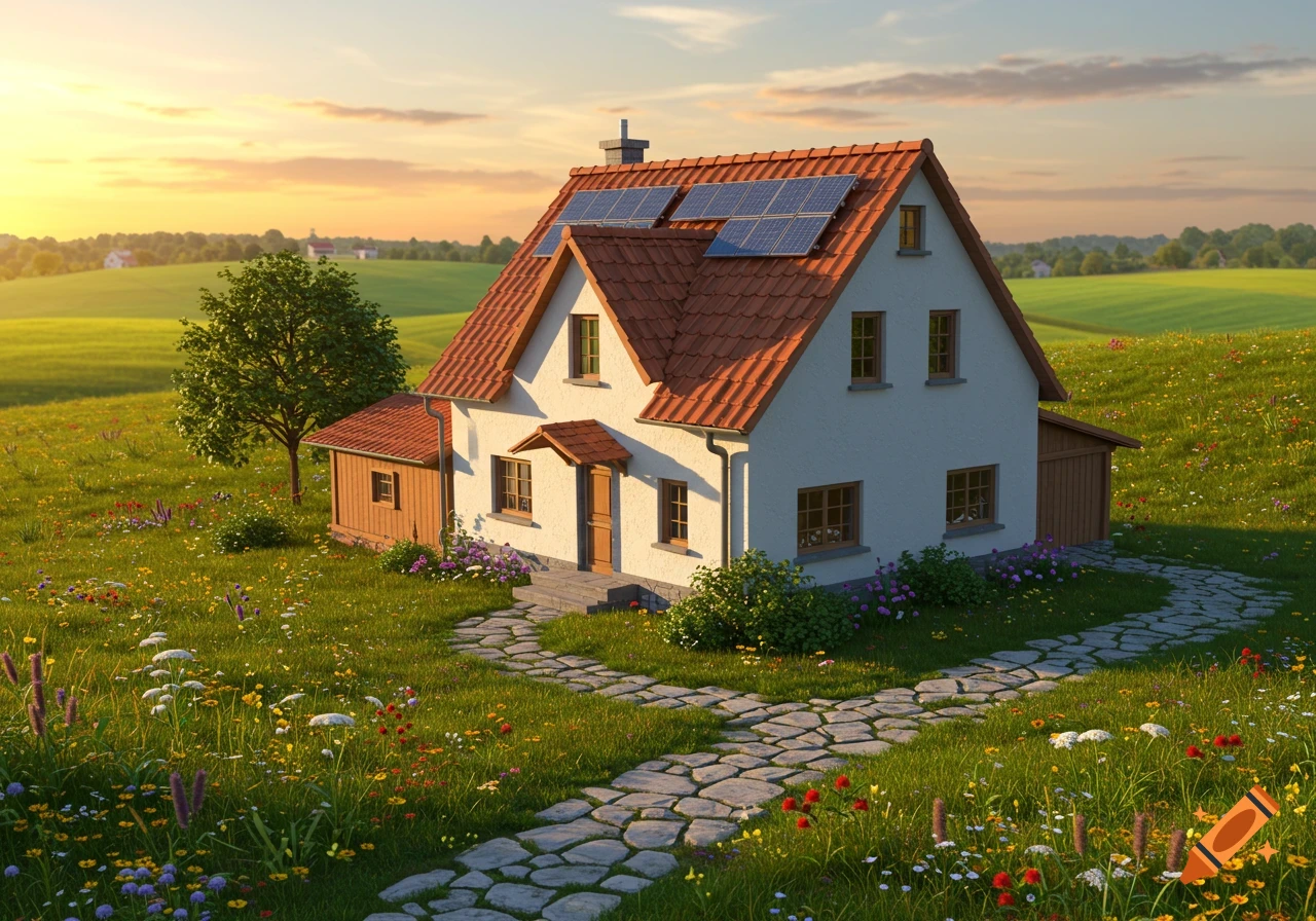 A country-style house with a red roof, solar panels, and white walls sits in a field of green grass and wildflowers under a sunny sky.