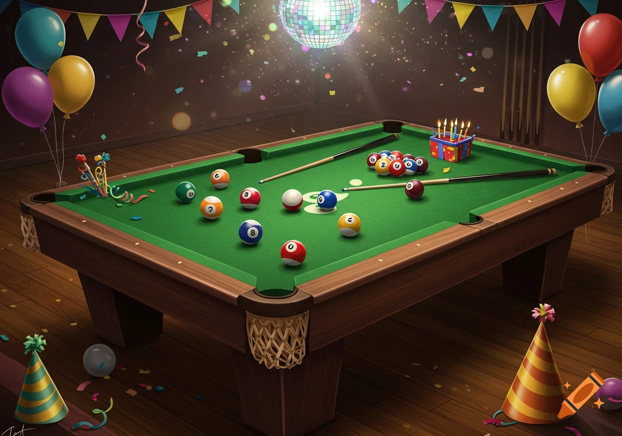A vibrant pool table decorated for a birthday party with balloons, confetti, a disco ball, and party hats.