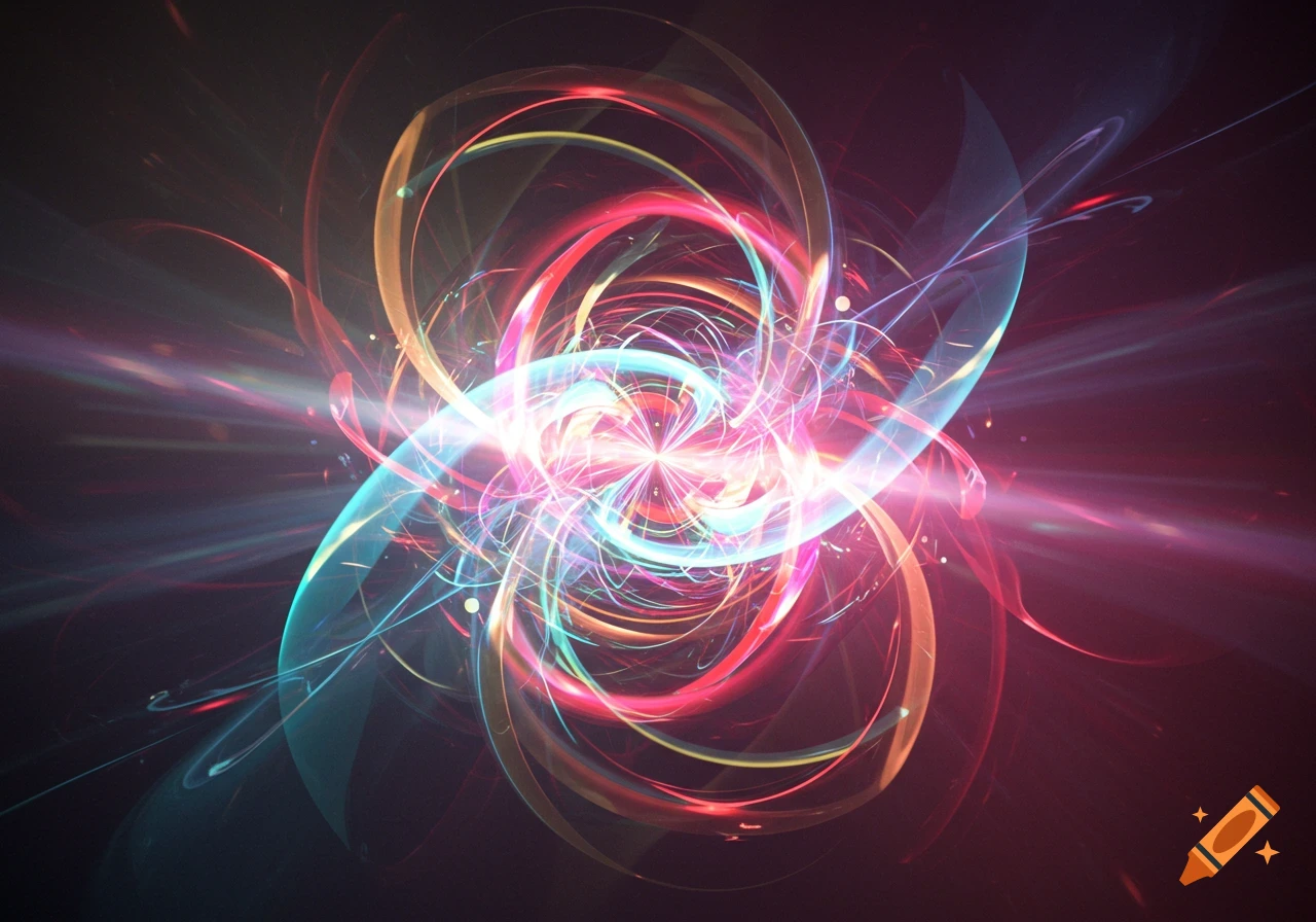 A vibrant abstract composition of swirling red, blue, pink, and yellow light rays and glowing lines radiating from a central point on a dark background.