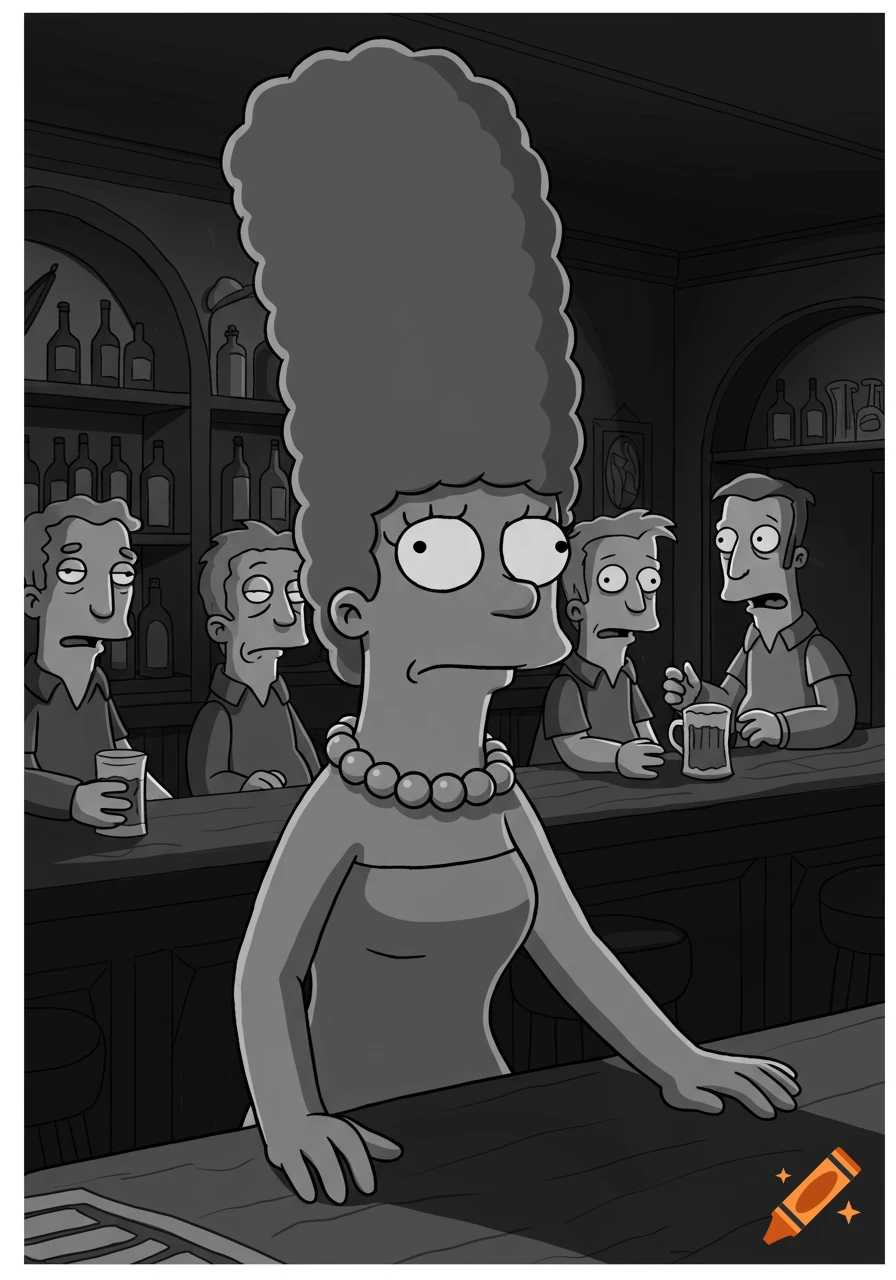 Marge Simpson in a greyscale cartoon style, leaning on a bar counter with men in the background.