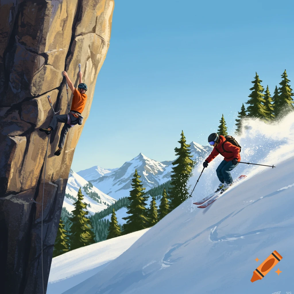 Illustration of a rock climber on a steep cliff face and a skier descending a snowy mountain with pine trees and distant peaks.