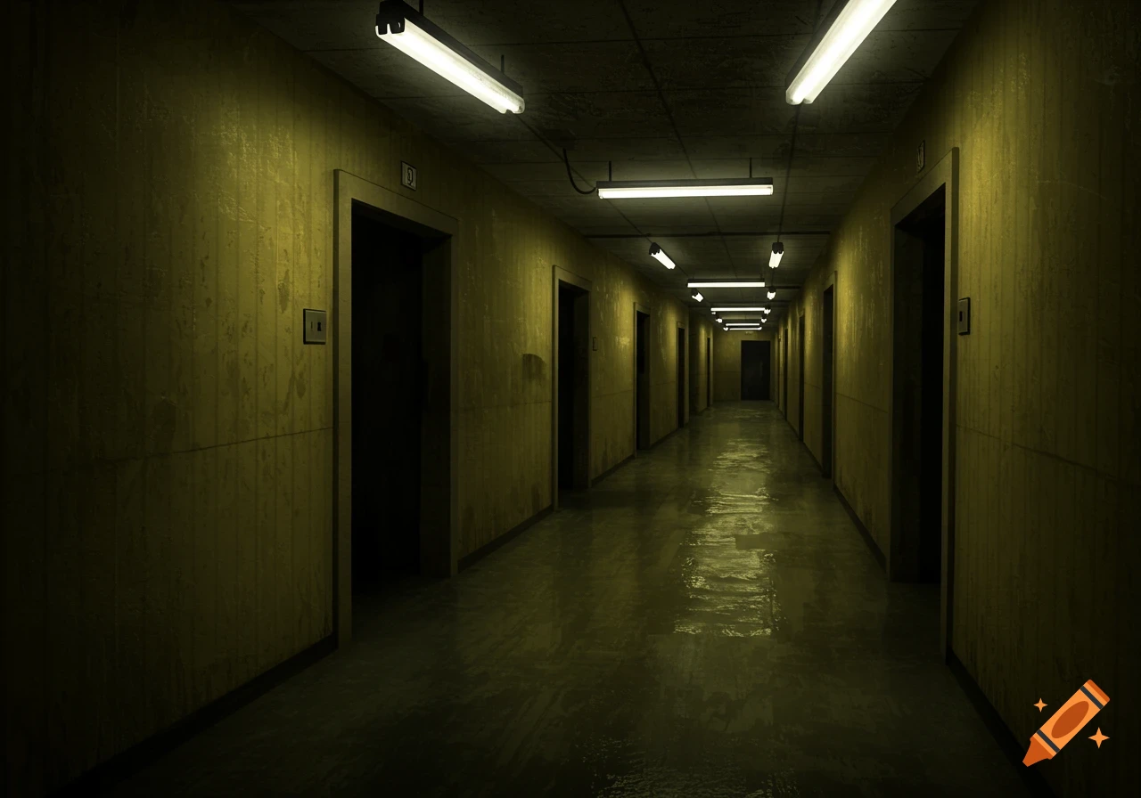 A long, dark, eerie hallway with dirty yellow walls and a wet, reflective floor, illuminated by fluorescent lights on the ceiling, characteristic of the Backrooms.