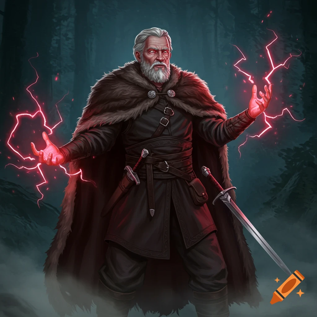 A grey-haired wizard in a fur cloak with glowing red eyes and two swords casts red lightning in a dark forest, fantasy art.