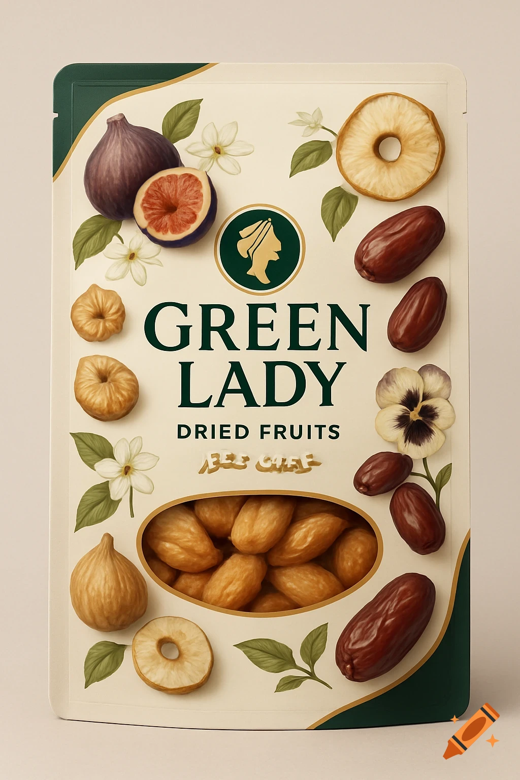 A luxurious package design for 'Green Lady Dried Fruits' with a transparent window. The packaging features illustrations of figs, dates, dried apple slices, and various flowers on a white and green background.