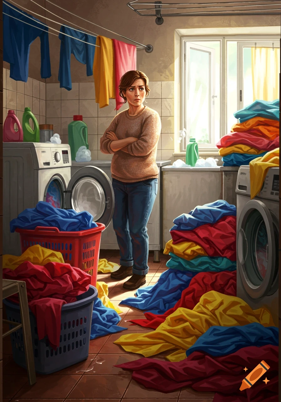 Illustrative scene of an overwhelmed woman standing in a cluttered laundry room with piles of clothes and washing machines.