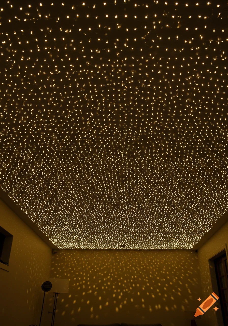 A room at night with a ceiling fully covered in numerous warm white LED lights, creating a luminous, starry effect above.