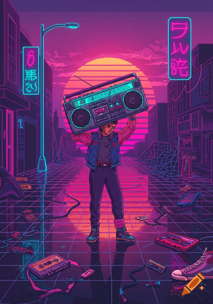 Pixel art of a person holding a large boombox above their head on a vibrant 80s synthwave street with neon lights and a sunset.